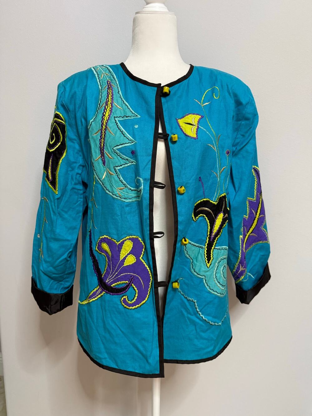Vintage Alex Kim Embroidered blue Jacket Size Floral Butterfly Artsy cotton Med